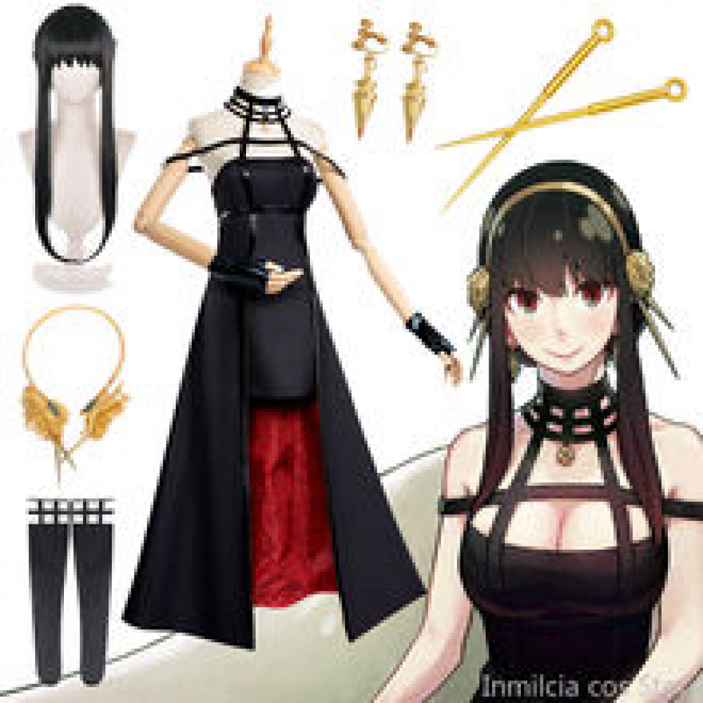 Anime Spy Family Yor Forger Cosplay Killer Assassin Gothic Halter Black Dress Outfit Uniform Costume with Leather Arms